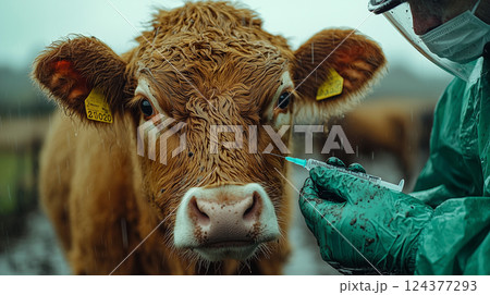 Veterinarian in protective suit vaccinating cow with foot-and-mouth disease. Created with Generative AI technology. 124377293