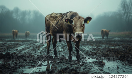 Cow standing in pen on farm during foot-and-mouth disease outbreak. created with Generative AI technology. 124377294