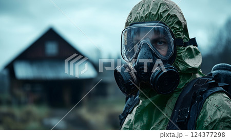 Veterinarian in protective suit during foot-and-mouth disease outbreak. created with Generative AI technology. 124377298