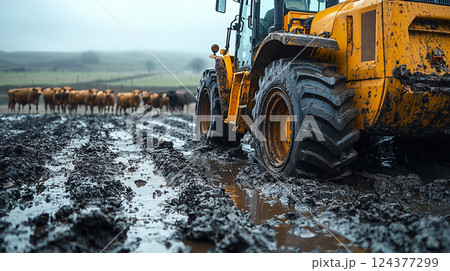 Heavy machinery transporting culled cows during foot-and-mouth disease outbreak. created with Generative AI technology. 124377299