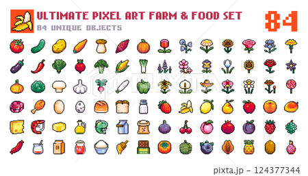 Pixel Art Farm and Food Icons. 8 bit style stickers of Pixelated Fresh Produce  Vegetables, Fruits, Flowers, Meat, Dairy, Fish. Pixel Food For Game assets and Gaming Badges. 124377344