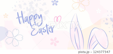 Happy Easter Pastel Bunny Ears Banner. Cheerful Holiday Design with Handwritten Text and Subtle Floral Elements 124377347