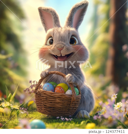Happy Bunny With Easter Basket Happy Bunny With Easter Basket 124377411