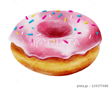 Colorful watercolor donut design with sprinkles on a white background 124377486
