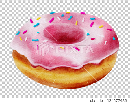 Colorful watercolor donut design with sprinkles on a white background 124377486