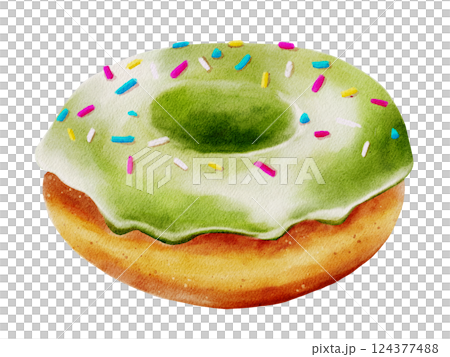 Watercolor donut design with green icing and colorful sprinkles on a white background Watercolor donut design with green icing and colorful sprinkles on a white background 124377488