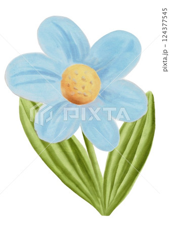 Bright blue flower with yellow center and green leaves in watercolor style for decorative use 124377545