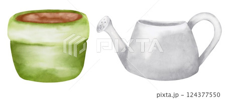 Colorful flowerpot and watering can with daisies and tulips for beautiful garden decoration 124377550