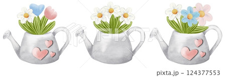 Colorful watercolor flowerpots with daisies and tulips in a seamless pattern design 124377553