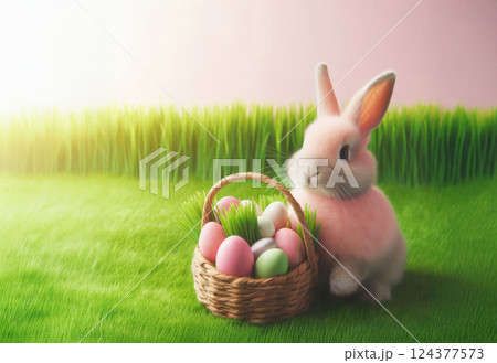 Fluffy pink rabbit with basket of Easter eggs on spring meadow with green grass and flowers Fluffy pink rabbit with basket of Easter eggs on spring meadow with green grass and flowers 124377573