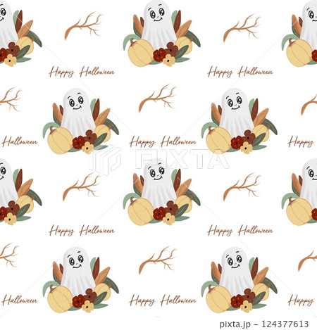 Festive Halloween spirit pattern featuring bats and cheerful ghosts for creative designs 124377613