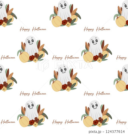 Halloween spirit themed pattern featuring cheerful ghosts surrounded by pumpkins and flowers 124377614