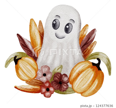 Bright and cheerful Halloween spirit with pumpkins and flowers in a whimsical watercolor design Bright and cheerful Halloween spirit with pumpkins and flowers in a whimsical watercolor design 124377636