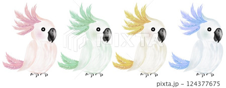 Colorful watercolor parrots with vibrant feathers in a seamless fabric design 124377675