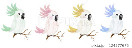 Colorful watercolor parrot illustrations create a lively textile design for prints and backgrounds 124377676