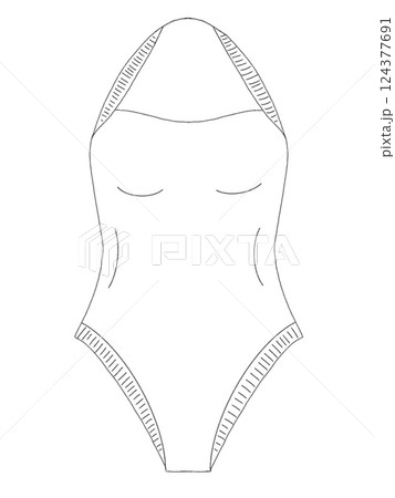 Stylish one-piece swimsuit design on white background with clean lines and details 124377691