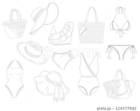 Fashionable swimsuit and accessory design sketches on a white background for summer collection 124377692