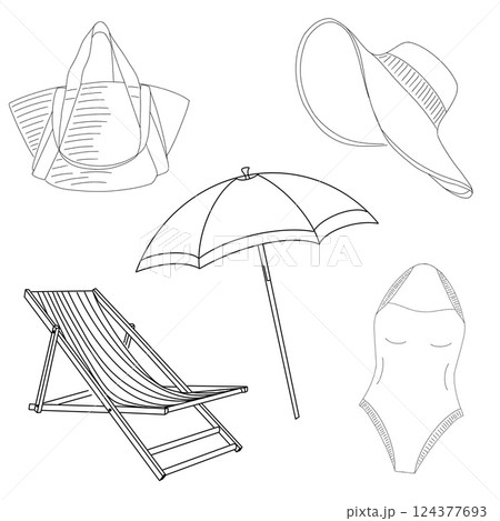 Chic summer accessories: beach bag, hat, umbrella, chair, and swimsuit on white background 124377693