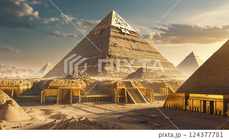 Majestic pyramids rising from the desert sands at golden hour 124377781