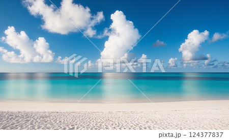 Pristine white sand beach meeting calm turquoise ocean under cloudy blue sky 124377837