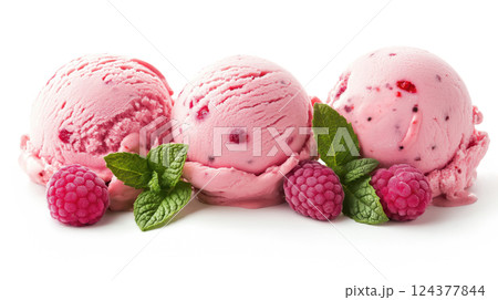 Raspberry Ice Cream Scoops with Mint and Fresh Berries 124377844
