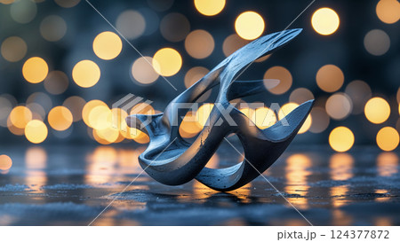 Modern abstract sculpture balancing on reflective surface with bokeh lights 124377872