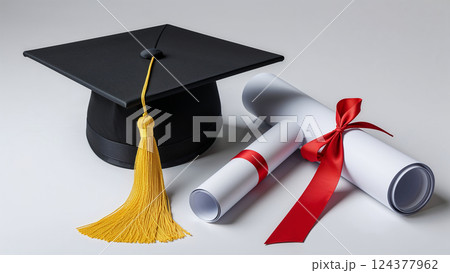 Graduation hat and diploma celebrating academic achievement 124377962