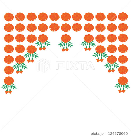Garland of orange marigolds. Calendula flowers. Vector illustration isolated on white background. 124378060
