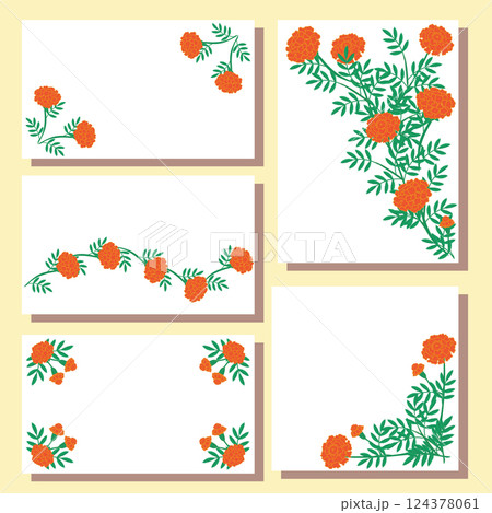 Set of postcards from orange marigolds. Calendula flowers. Vector illustration isolated on white background. Set of postcards from orange marigolds. Calendula flowers. Vector illustration isolated on white background. 124378061