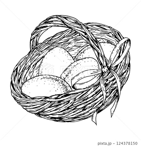 Hand drawn Easter basket with eggs and ribbon. Black and white vector illustration for spring celebration, holiday cards, packaging, children s books or printable craft projects. 124378150