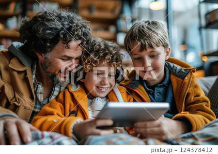 Happy family sharing a fun moment while sitting on couch, looking at a tablet 124378412
