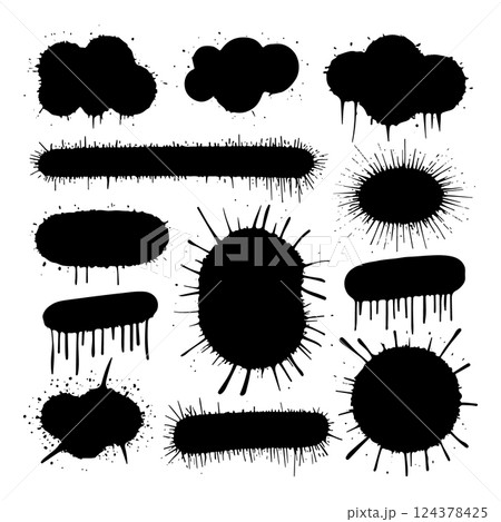 Ink Splatter Shapes Collection. A set of abstract ink splatter shapes with drips and rough edges, perfect for grunge-style designs. Ink Splatter Shapes Collection. A set of abstract ink splatter shapes with drips and rough edges, perfect for grunge-style designs. 124378425