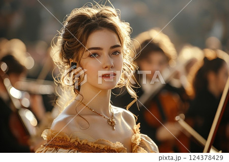 Happy woman in a dress smiles in front of orchestra at event 124378429
