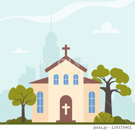 Church building and park with cityscape and sky background. Old church building exterior. Christian religious architecture facade, front view. European cathedral. Vector illustration. 124378461