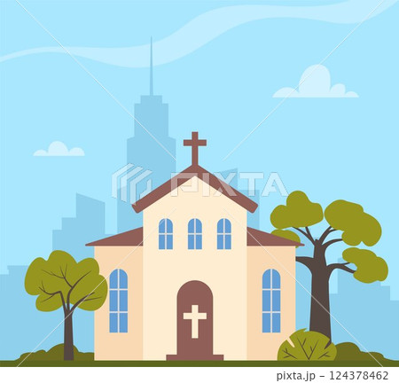 Church building and park with cityscape and sky background. Old church building exterior. Christian religious architecture facade, front view. European cathedral. Vector illustration. 124378462
