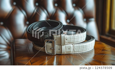 Three belts stacked on a wooden table, a fashion accessory display Three belts stacked on a wooden table, a fashion accessory display 124378509