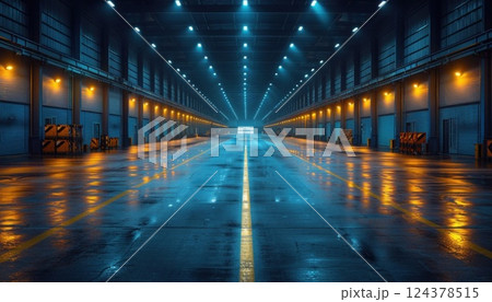 An electric blue lit warehouse with symmetrical ceiling lights 124378515