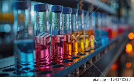Lineup of test tubes with colorful liquids on shelf 124378536