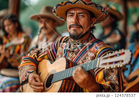 A musician in a sombrero is performing folk music on a guitar for a crowd A musician in a sombrero is performing folk music on a guitar for a crowd 124378537