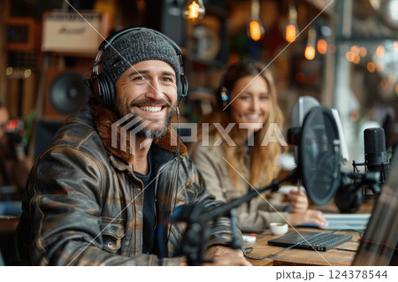 A man and a woman with full facial hair smiling at an event A man and a woman with full facial hair smiling at an event 124378544