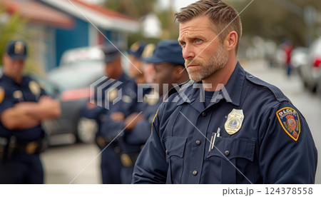 A male police officer looks through the lens at the background of his fellow officers A male police officer looks through the lens at the background of his fellow officers 124378558
