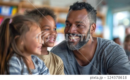 a man is sitting at a table with two children and smiling 124378618