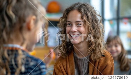 Curlyhaired woman smiling with two young girls, having a fun leisure event 124378619