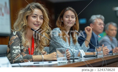 a group of people are sitting at a table with microphones 124378620