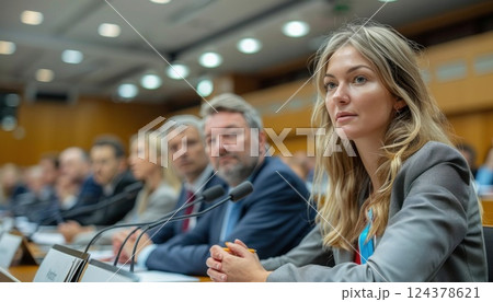 A woman is sharing at a table with a microphone in a conference room event 124378621
