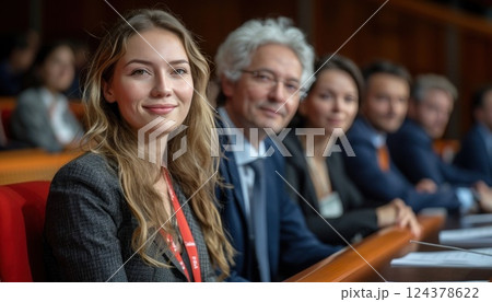 A row of whitecollar workers in suits, sharing smiles at a formal event 124378622