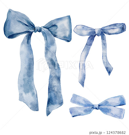 Watercolor blue bows set. Hand-drawn gift bow isolated on white background. Holiday illustration for design, print, fabric or background. Watercolor blue bows set. Hand-drawn gift bow isolated on white background. Holiday illustration for design, print, fabric or background. 124378682