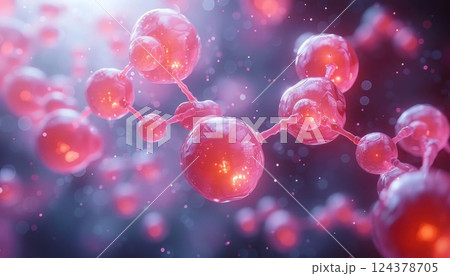 Closeup of red molecules on purple background resembling seedless grape cluster Closeup of red molecules on purple background resembling seedless grape cluster 124378705