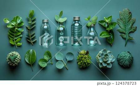 Various plants and leaves are stored in bottles on the tableware 124378723