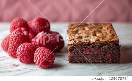 Food Brownie with raspberries, natural ingredients on tableware 124378724